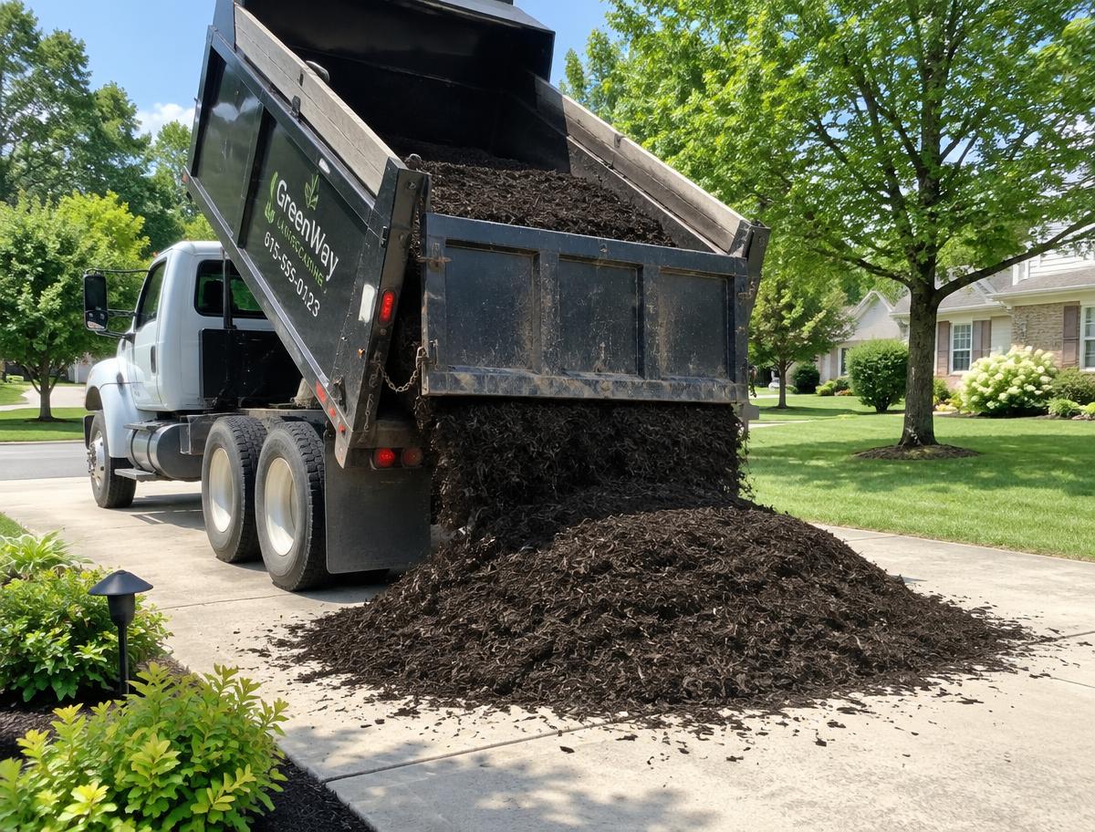 Dump truck delivering a load of mulch onto a customer's driveway
