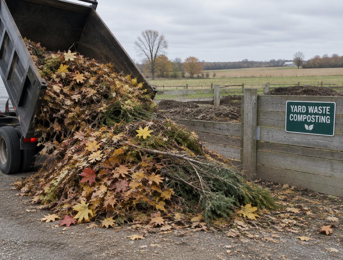 A truck unloading leaves and brush at the Barnside Farm yard waste drop-off area